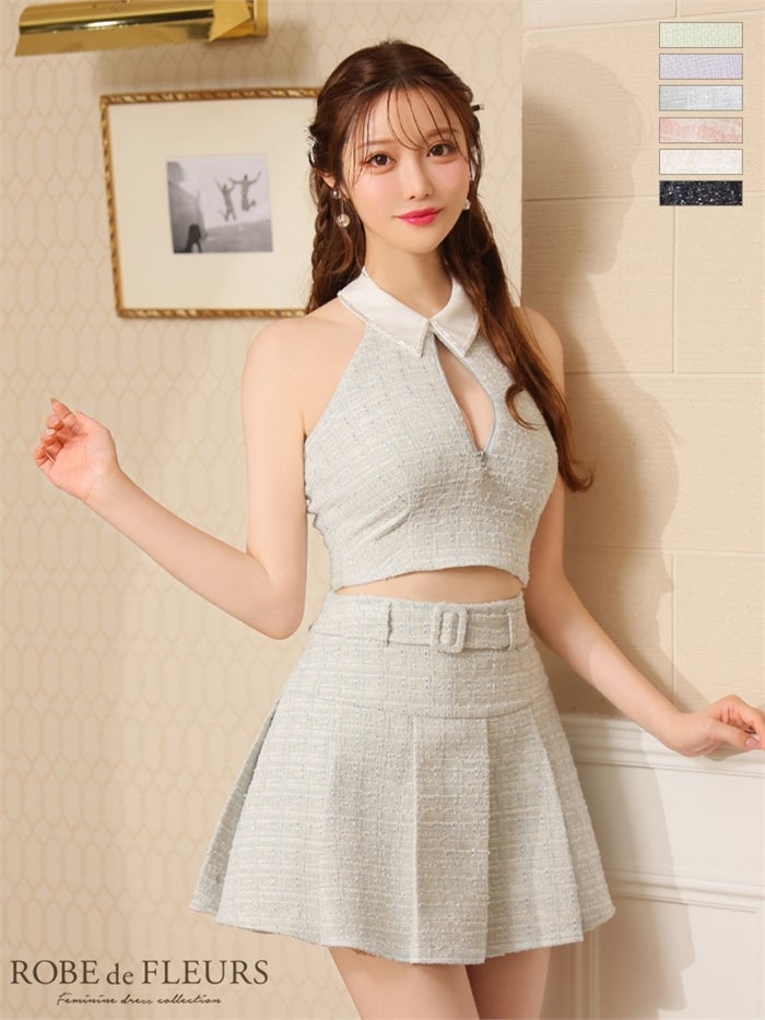 【ROBE de FLEURS SALE】ROBE de FLEURS ローブドフルール 【XSサイズあり】襟付きホルタージッパーツイードセットアップキャバドレス fm3216-s26