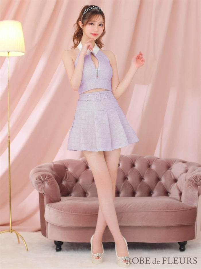 【ROBE de FLEURS SALE】ROBE de FLEURS ローブドフルール 【XSサイズあり】襟付きホルタージッパーツイードセットアップキャバドレス fm3216-s26