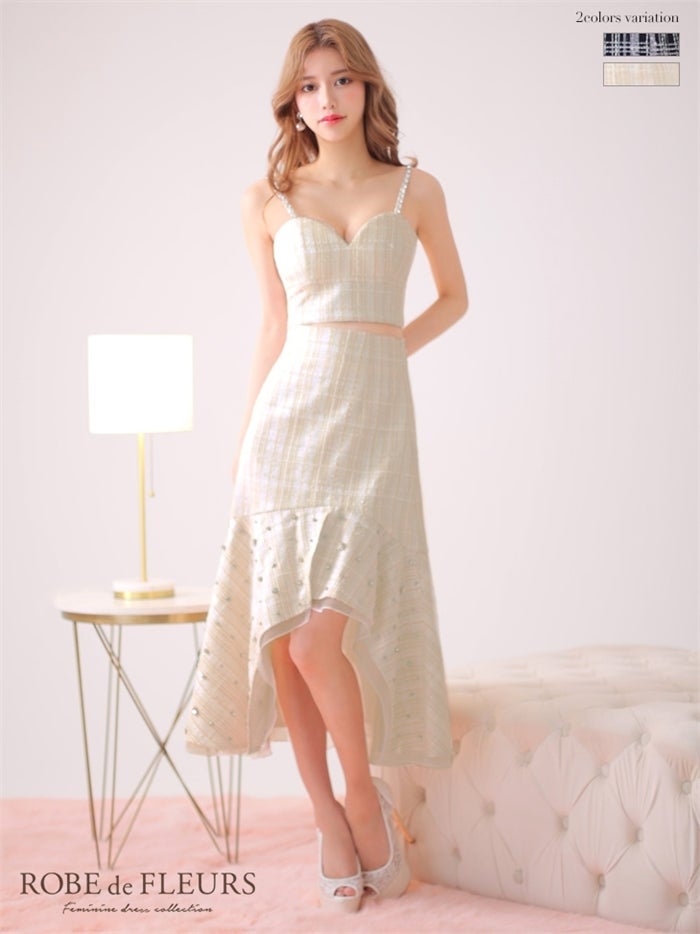 【ROBE de FLEURS SALE】ROBE de FLEURS ローブドフルール 【XS～Lサイズあり】ラメチェックツイード×オーガンジー ロングセットアップキャバドレス fm3221-s26