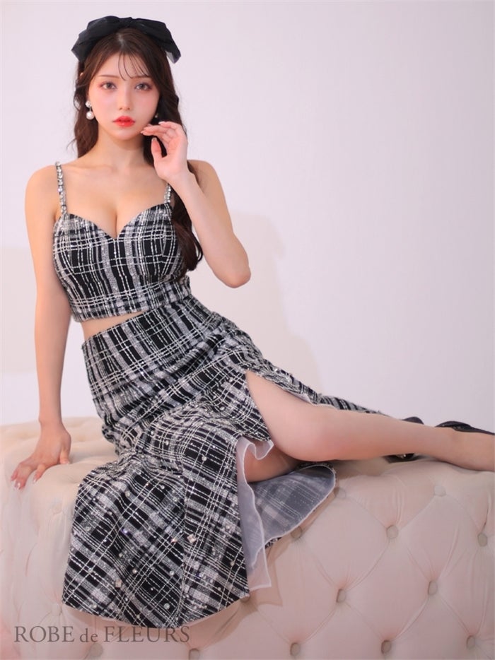 【ROBE de FLEURS SALE】ROBE de FLEURS ローブドフルール 【XS～Lサイズあり】ラメチェックツイード×オーガンジー ロングセットアップキャバドレス fm3221-s26
