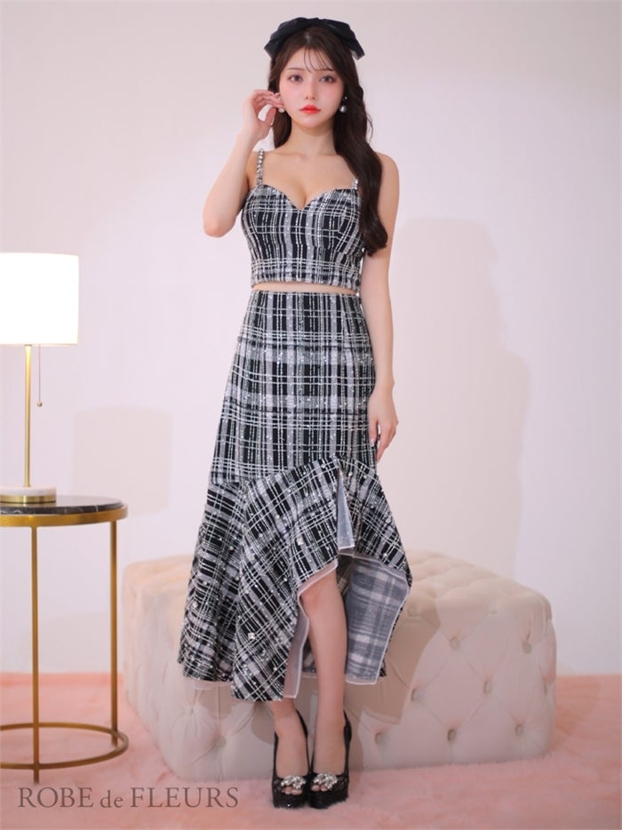 【ROBE de FLEURS SALE】ROBE de FLEURS ローブドフルール 【XS～Lサイズあり】ラメチェックツイード×オーガンジー ロングセットアップキャバドレス fm3221-s26