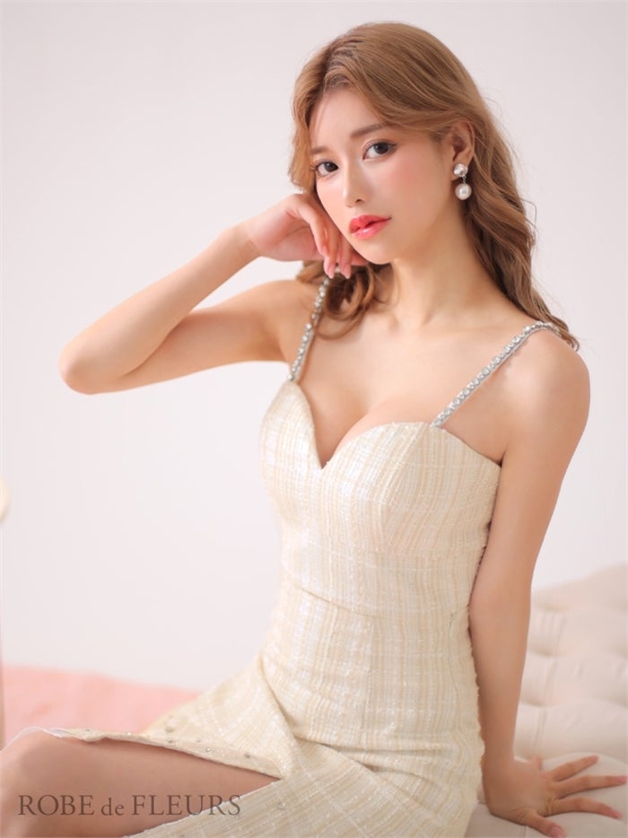 【ROBE de FLEURS SALE】ROBE de FLEURS ローブドフルール 【XS～Lサイズあり】ラメチェックツイード×オーガンジー ロングセットアップキャバドレス fm3221-s26