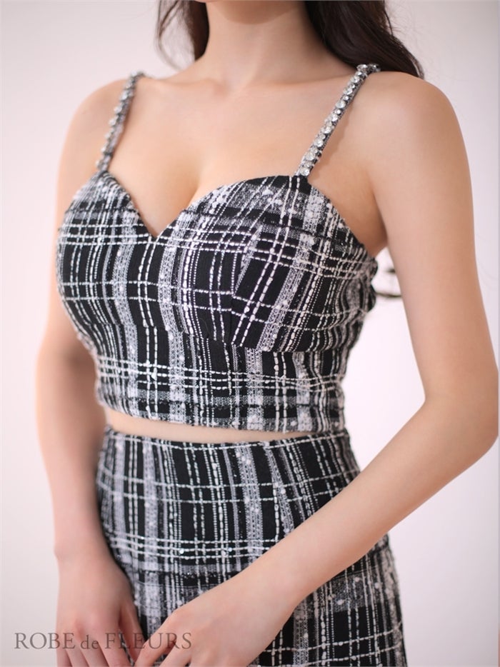 【ROBE de FLEURS SALE】ROBE de FLEURS ローブドフルール 【XS～Lサイズあり】ラメチェックツイード×オーガンジー ロングセットアップキャバドレス fm3221-s26