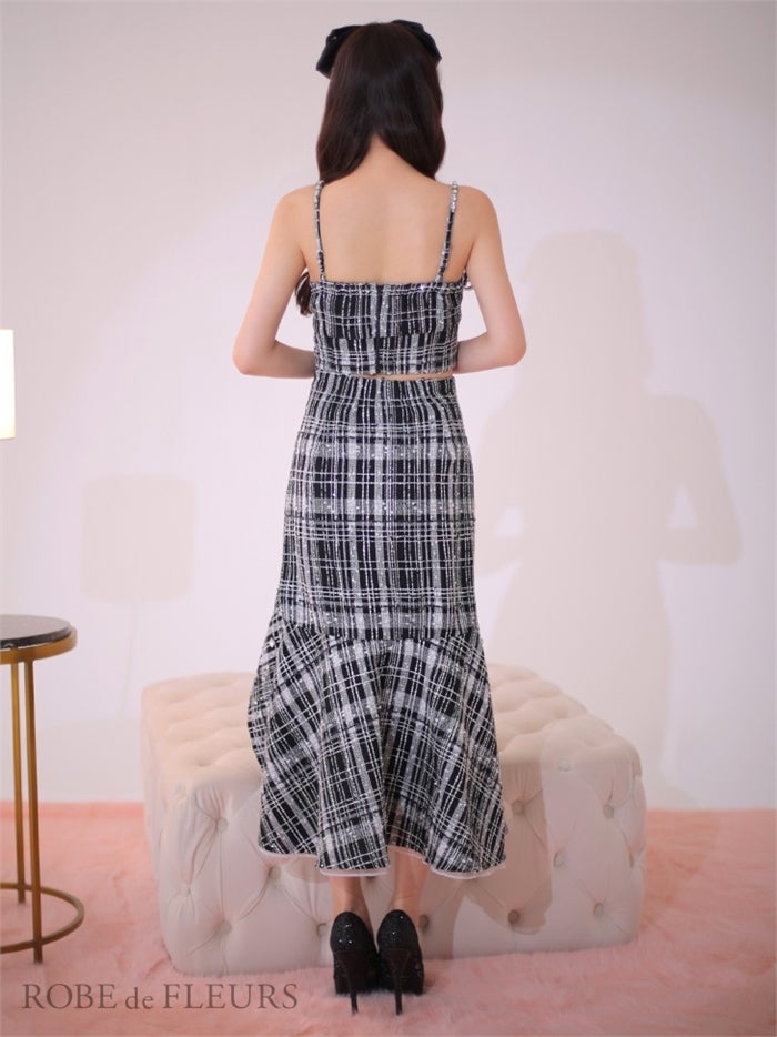 【ROBE de FLEURS SALE】ROBE de FLEURS ローブドフルール 【XS～Lサイズあり】ラメチェックツイード×オーガンジー ロングセットアップキャバドレス fm3221-s26