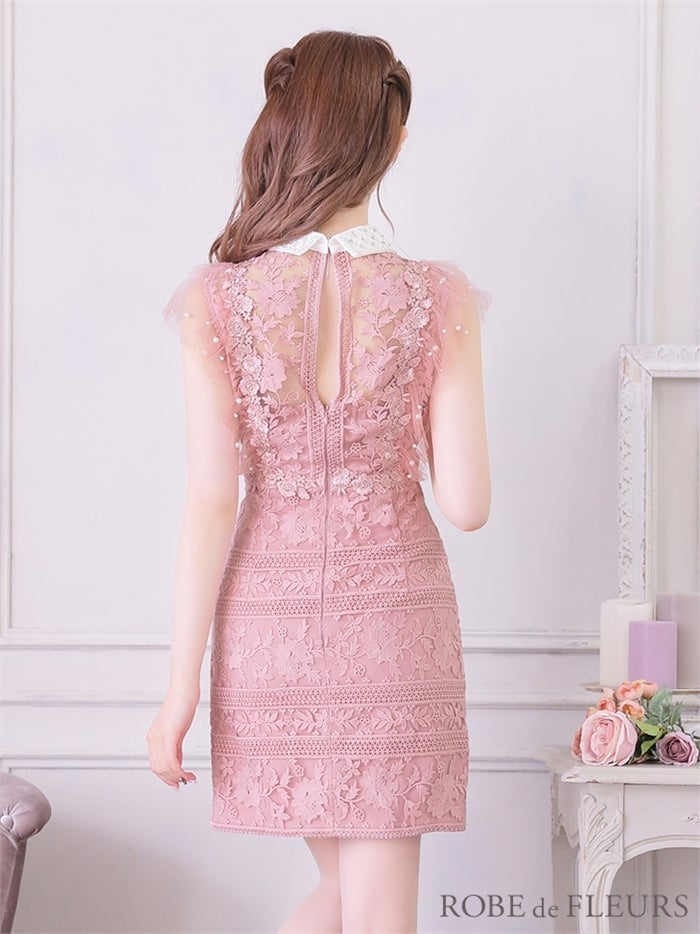 【ROBE de FLEURS SALE】ROBE de FLEURS ローブドフルール 【XS～Lサイズあり】ビジュー襟×フラワーレースタイトミニキャバドレス(fm2422） fm2422-s26