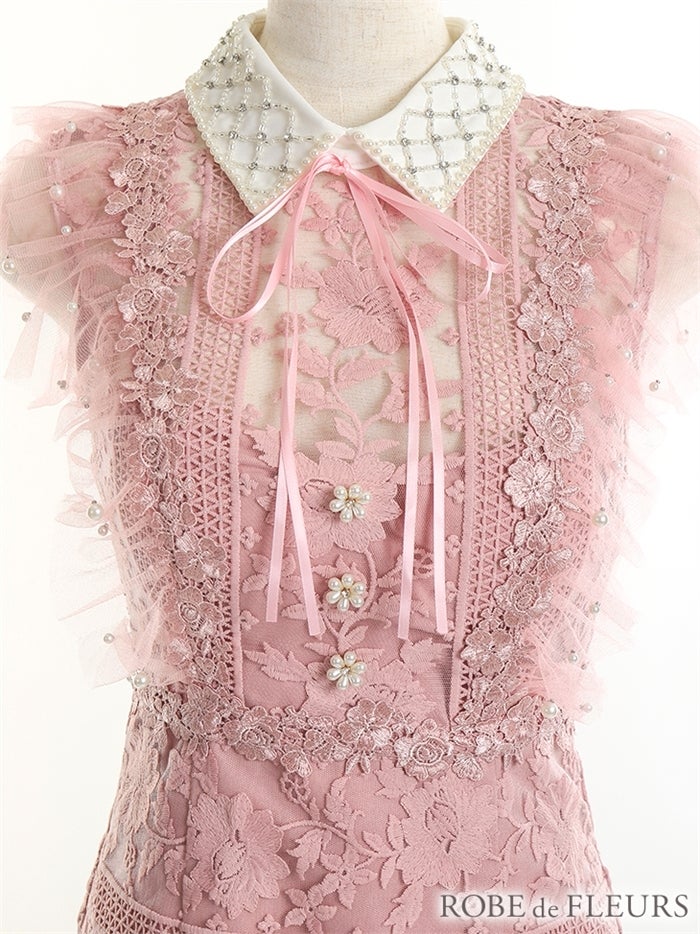 【ROBE de FLEURS SALE】ROBE de FLEURS ローブドフルール 【XS～Lサイズあり】ビジュー襟×フラワーレースタイトミニキャバドレス(fm2422） fm2422-s26