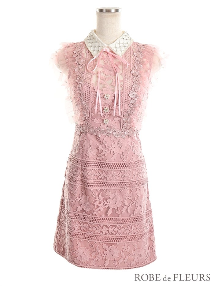 【ROBE de FLEURS SALE】ROBE de FLEURS ローブドフルール 【XS～Lサイズあり】ビジュー襟×フラワーレースタイトミニキャバドレス(fm2422） fm2422-s26