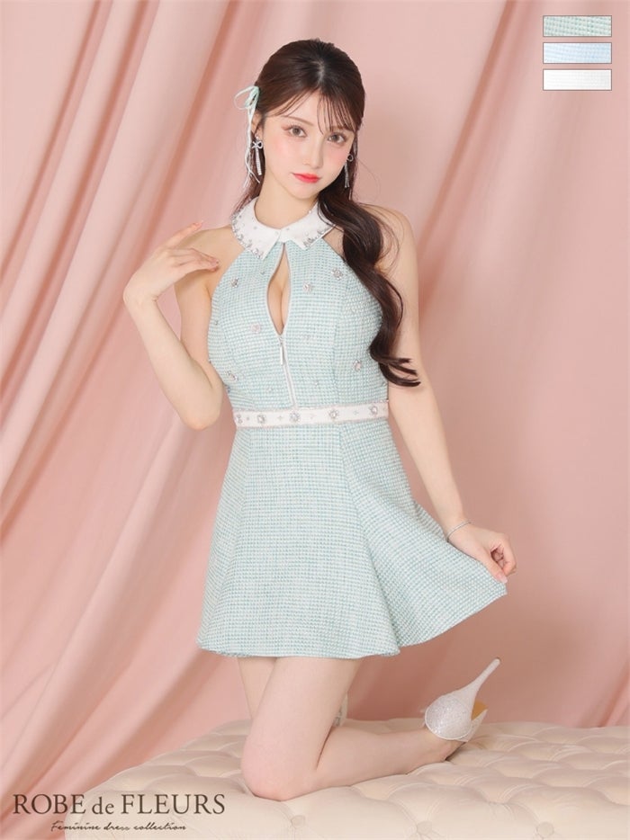 【ROBE de FLEURS SALE】ROBE de FLEURS ローブドフルール 【XSサイズあり】ツイード×ビジューセットアップミニキャバドレス fm2891-s26