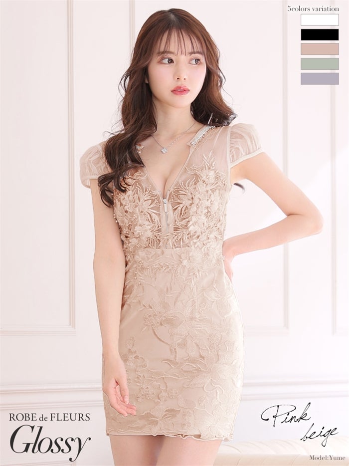 【ROBE de FLEURS SALE】Glossy ローブドフルールグロッシー 【XSサイズあり】フロントジッパーｘ刺繍レースタイトミニキャバドレス gl2593-s26