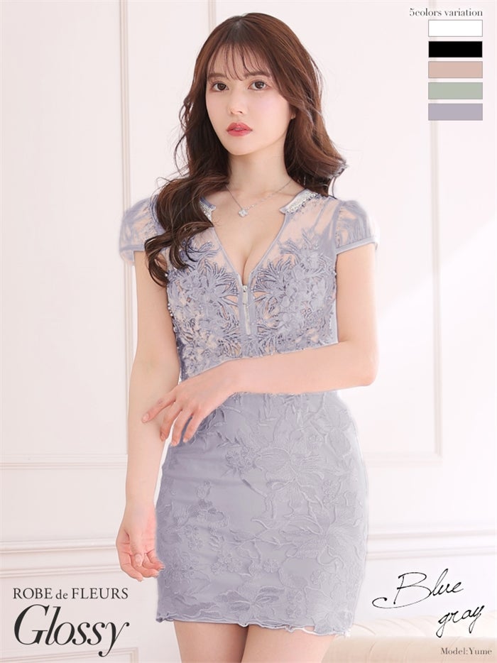 【ROBE de FLEURS SALE】Glossy ローブドフルールグロッシー 【XSサイズあり】フロントジッパーｘ刺繍レースタイトミニキャバドレス gl2593-s26
