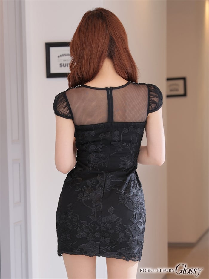【ROBE de FLEURS SALE】Glossy ローブドフルールグロッシー 【XSサイズあり】フロントジッパーｘ刺繍レースタイトミニキャバドレス gl2593-s26