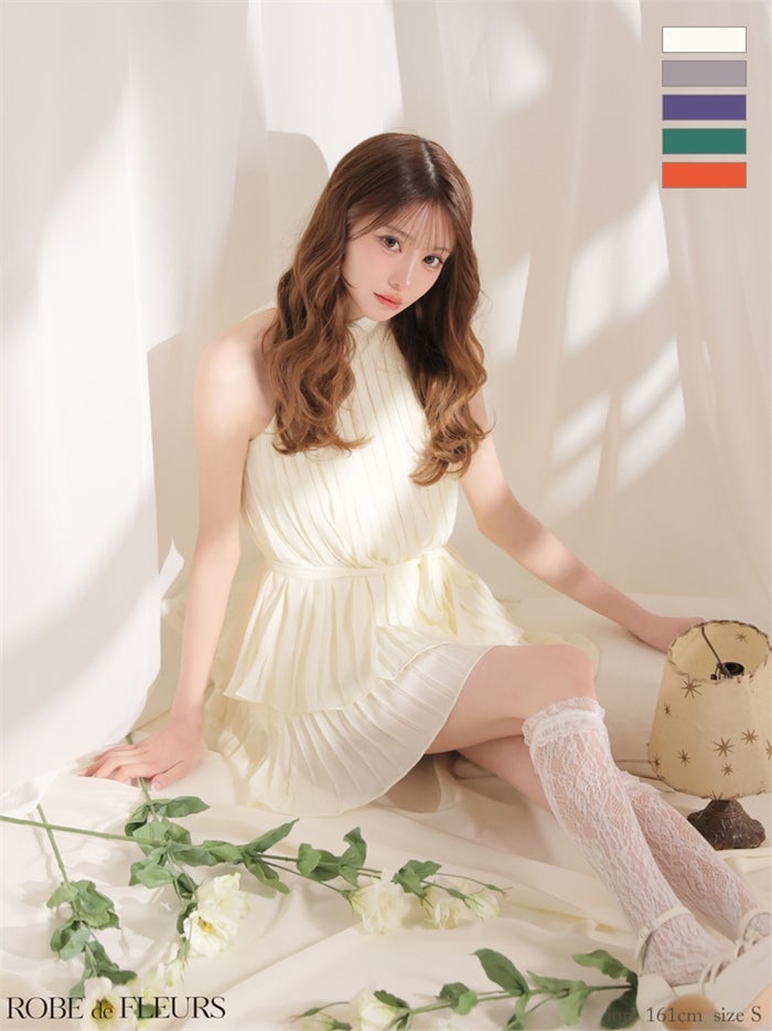 ROBE de FLEURS ローブドフルール 【XSサイズあり】 ホルターリボンレースプリーツミニキャバドレス fm4614