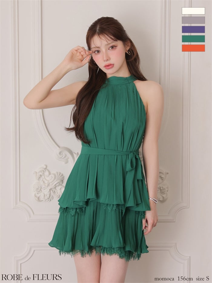 ROBE de FLEURS ローブドフルール 【XSサイズあり】 ホルターリボンレースプリーツミニキャバドレス fm4614