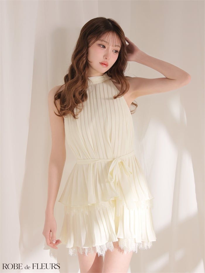 ROBE de FLEURS ローブドフルール 【XSサイズあり】 ホルターリボンレースプリーツミニキャバドレス fm4614