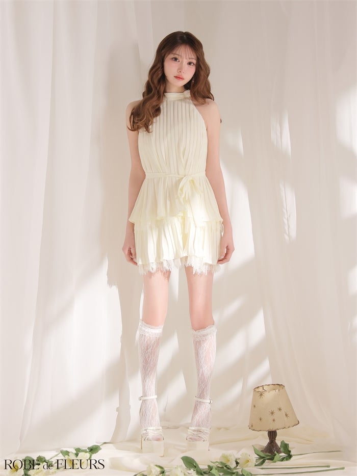 ROBE de FLEURS ローブドフルール 【XSサイズあり】 ホルターリボンレースプリーツミニキャバドレス fm4614