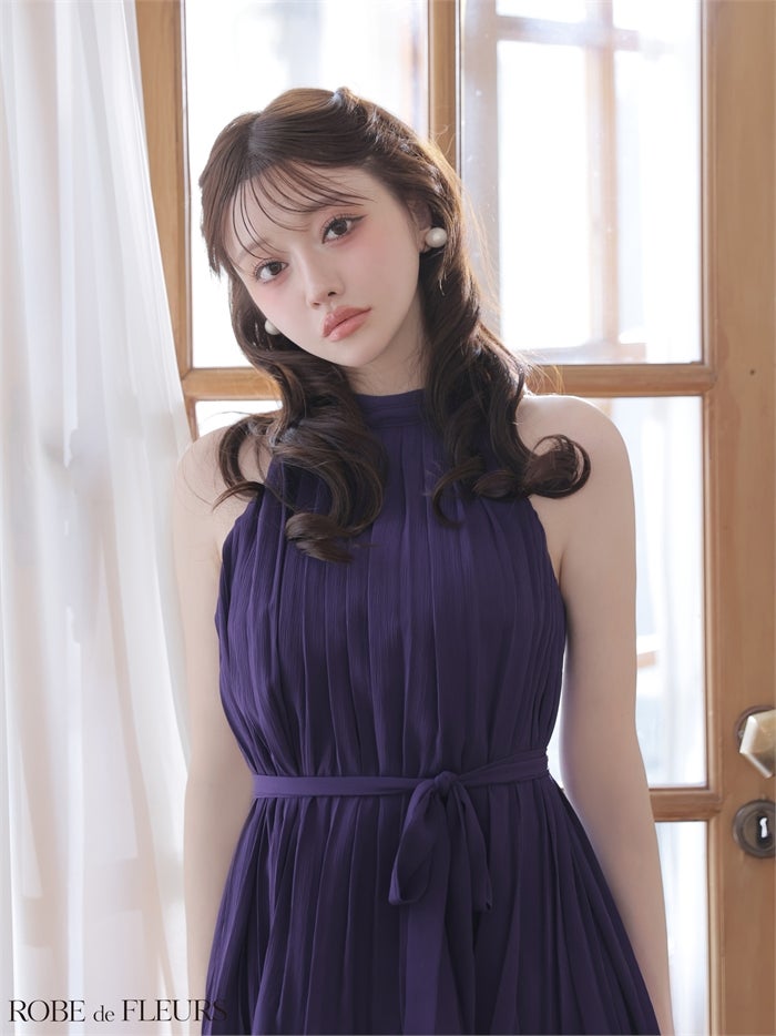 ROBE de FLEURS ローブドフルール 【XSサイズあり】 ホルターリボンレースプリーツミニキャバドレス fm4614