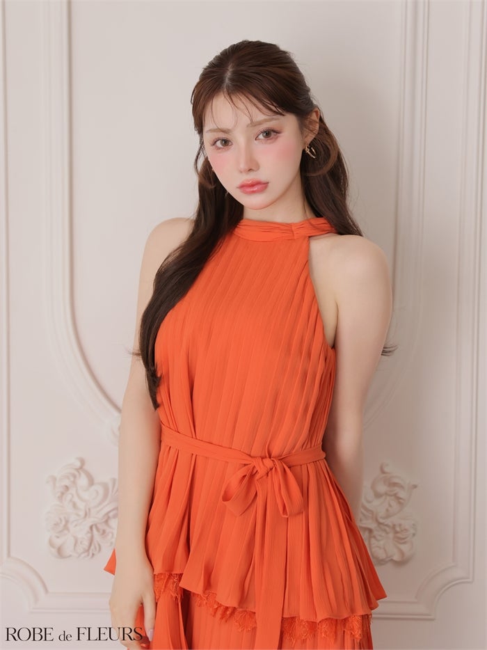 ROBE de FLEURS ローブドフルール 【XSサイズあり】 ホルターリボンレースプリーツミニキャバドレス fm4614