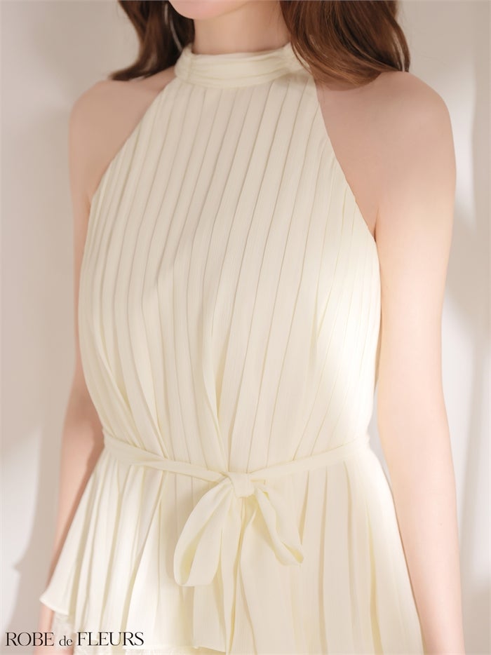 ROBE de FLEURS ローブドフルール 【XSサイズあり】 ホルターリボンレースプリーツミニキャバドレス fm4614
