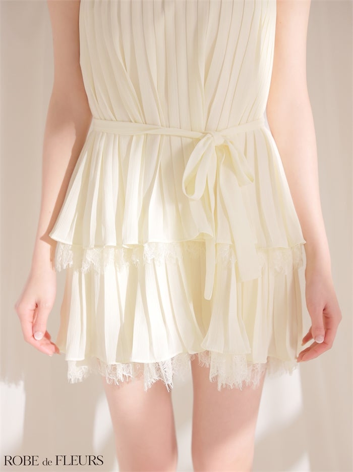 ROBE de FLEURS ローブドフルール 【XSサイズあり】 ホルターリボンレースプリーツミニキャバドレス fm4614
