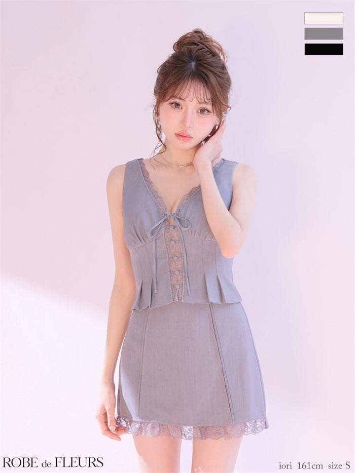 ROBE de FLEURS ローブドフルール 【XSサイズあり】 レースVネックリボンセットアップミニキャバドレス fm4191-c