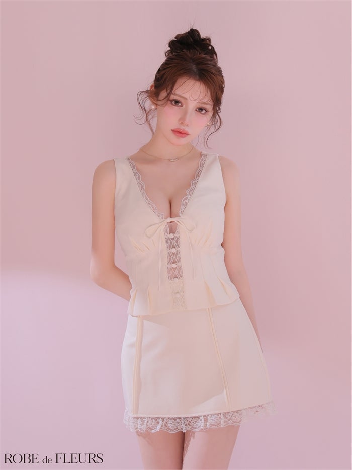 ROBE de FLEURS ローブドフルール 【XSサイズあり】 レースVネックリボンセットアップミニキャバドレス fm4191-c