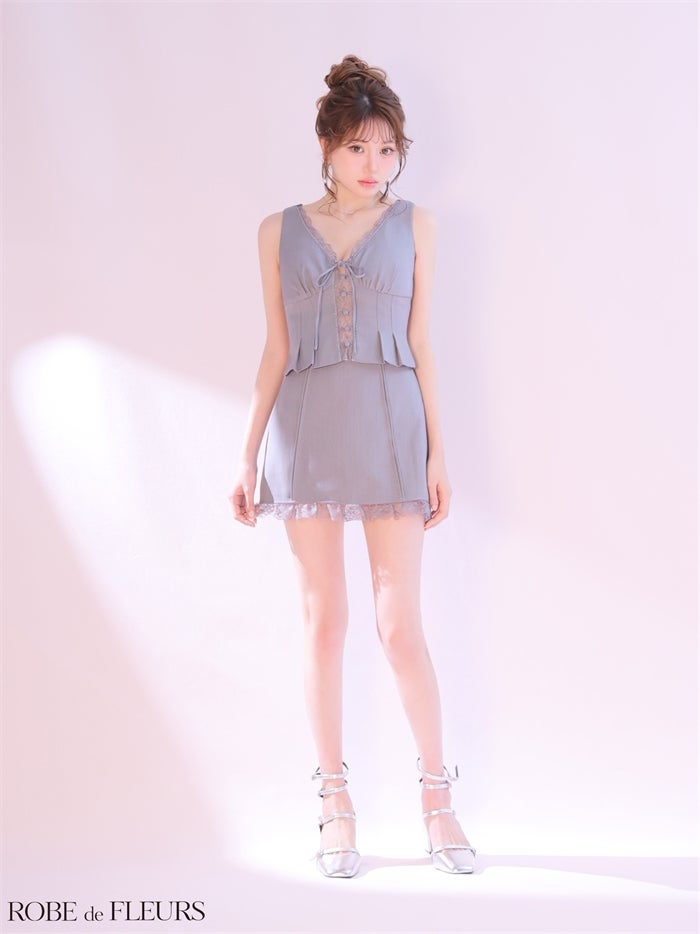 ROBE de FLEURS ローブドフルール 【XSサイズあり】 レースVネックリボンセットアップミニキャバドレス fm4191-c