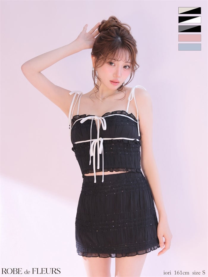ROBE de FLEURS ローブドフルール 【XSサイズあり】 スパンコールギャザーリボンセットアップミニキャバドレス fm4366-c