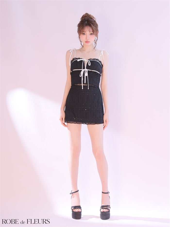 ROBE de FLEURS ローブドフルール 【XSサイズあり】 スパンコールギャザーリボンセットアップミニキャバドレス fm4366-c