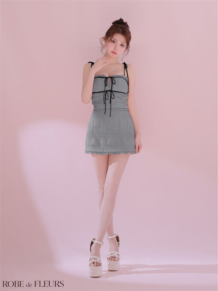 ROBE de FLEURS ローブドフルール 【XSサイズあり】 スパンコールギャザーリボンセットアップミニキャバドレス fm4366-c