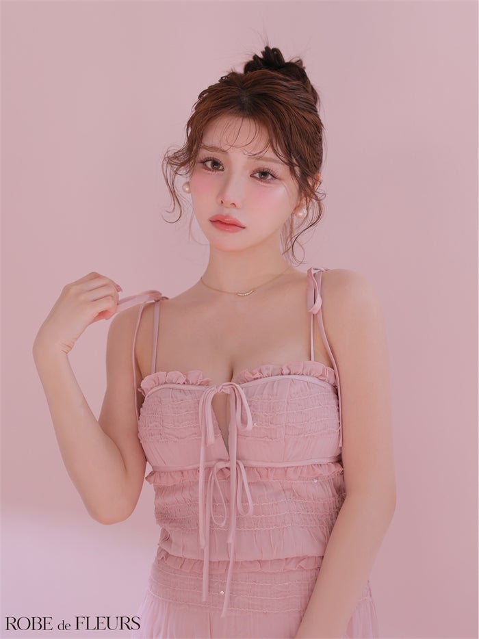 ROBE de FLEURS ローブドフルール 【XSサイズあり】 スパンコールギャザーリボンセットアップミニキャバドレス fm4366-c