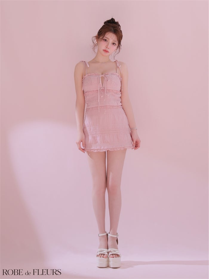 ROBE de FLEURS ローブドフルール 【XSサイズあり】 スパンコールギャザーリボンセットアップミニキャバドレス fm4366-c