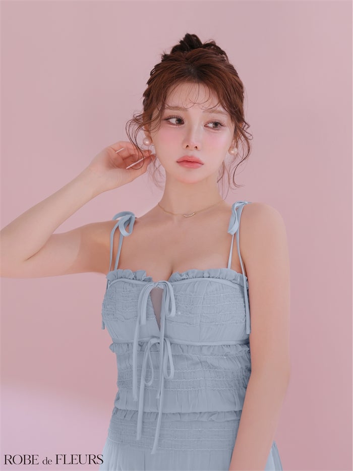ROBE de FLEURS ローブドフルール 【XSサイズあり】 スパンコールギャザーリボンセットアップミニキャバドレス fm4366-c