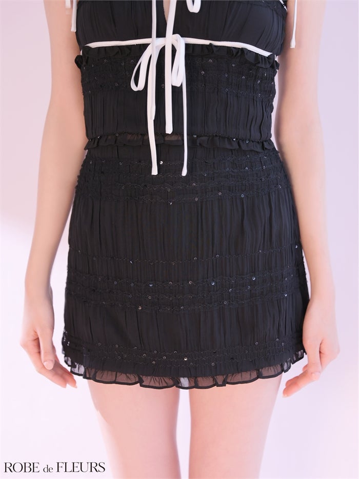 ROBE de FLEURS ローブドフルール 【XSサイズあり】 スパンコールギャザーリボンセットアップミニキャバドレス fm4366-c