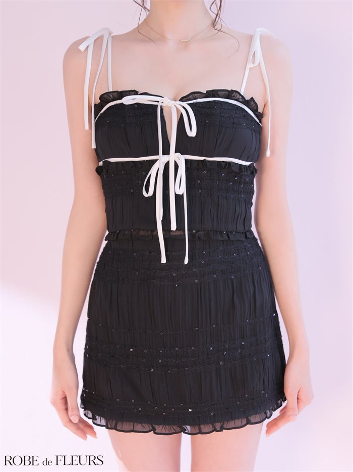 ROBE de FLEURS ローブドフルール 【XSサイズあり】 スパンコールギャザーリボンセットアップミニキャバドレス fm4366-c