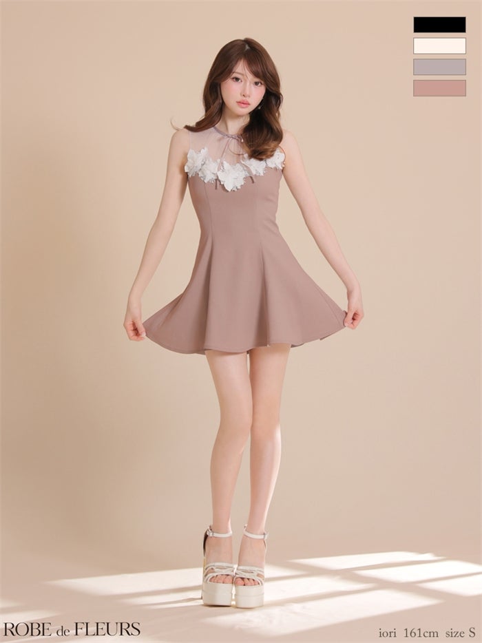 ROBE de FLEURS ローブドフルール 【XSサイズあり】フラワーレースリボンフレアミニキャバドレス fm4911-c
