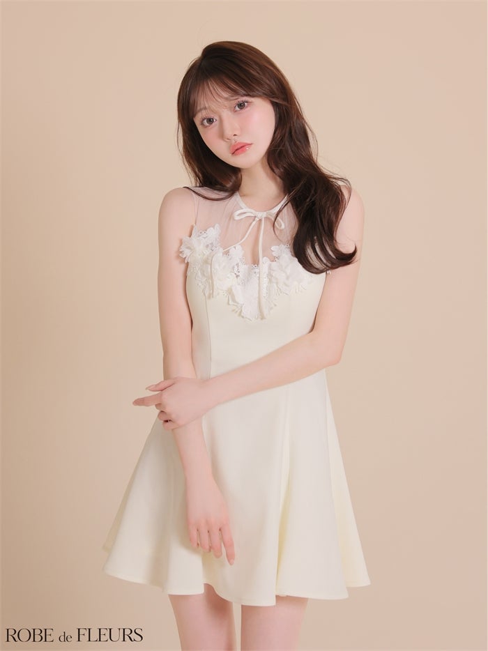 ROBE de FLEURS ローブドフルール 【XSサイズあり】フラワーレースリボンフレアミニキャバドレス fm4911-c