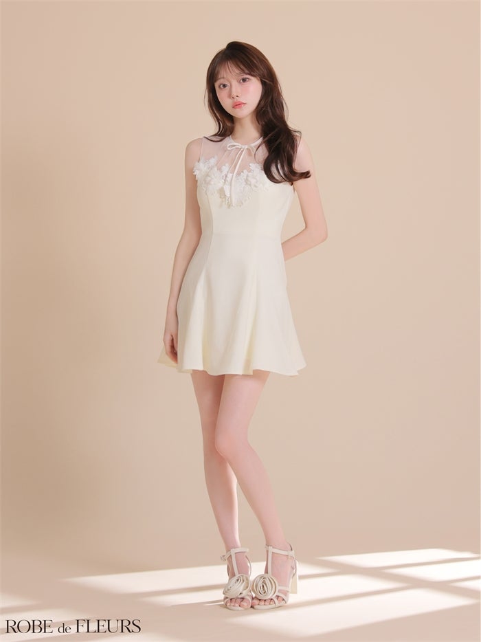 ROBE de FLEURS ローブドフルール 【XSサイズあり】フラワーレースリボンフレアミニキャバドレス fm4911-c