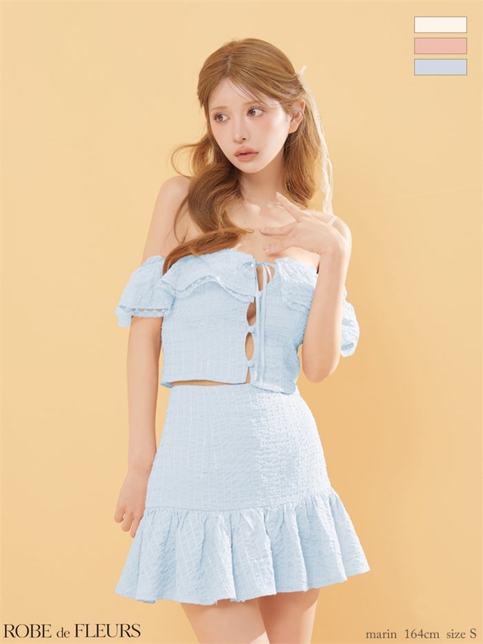 ROBE de FLEURS ローブドフルール 【XSサイズあり】 オフショルシフォンリボンセットアップミニキャバドレス fm5002-c