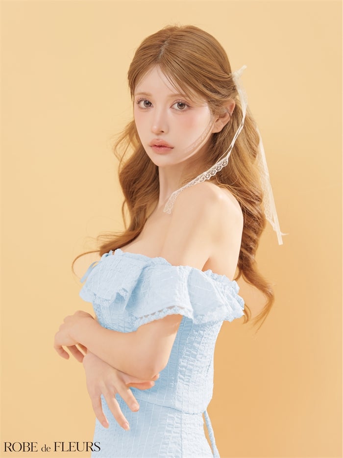 ROBE de FLEURS ローブドフルール 【XSサイズあり】 オフショルシフォンリボンセットアップミニキャバドレス fm5002-c