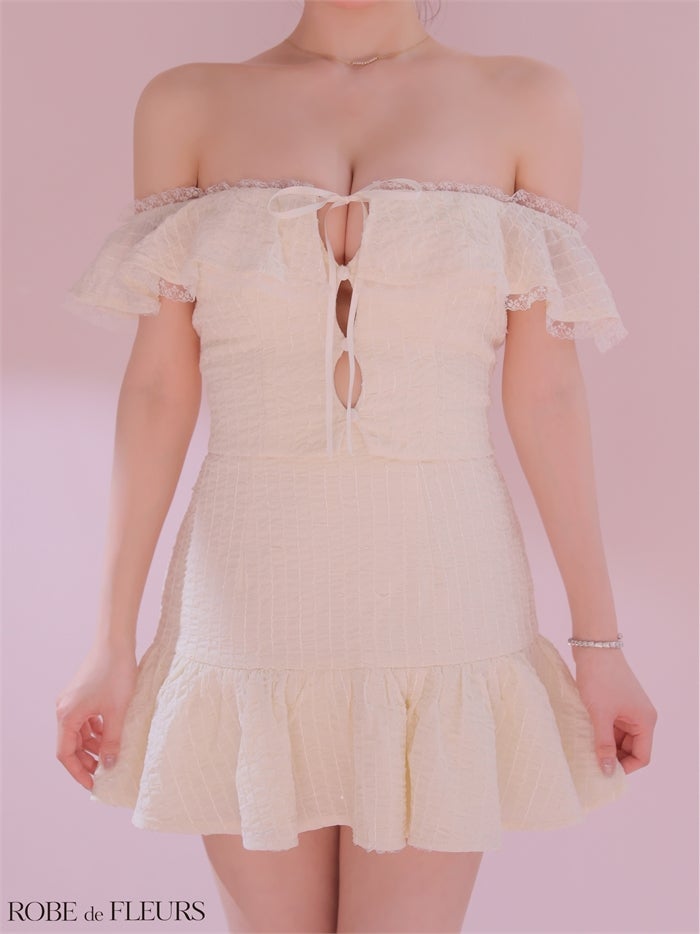 ROBE de FLEURS ローブドフルール 【XSサイズあり】 オフショルシフォンリボンセットアップミニキャバドレス fm5002-c