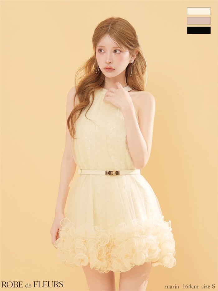 ROBE de FLEURS ローブドフルール 【XSサイズあり】 レーススパンコールチュールミニキャバドレス fm3497-c