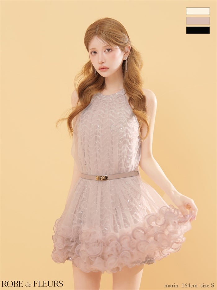ROBE de FLEURS ローブドフルール 【XSサイズあり】 レーススパンコールチュールミニキャバドレス fm3497-c