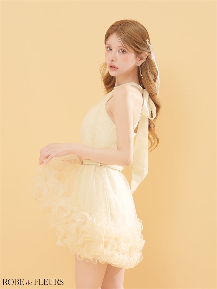 ROBE de FLEURS ローブドフルール 【XSサイズあり】 レーススパンコールチュールミニキャバドレス fm3497-c