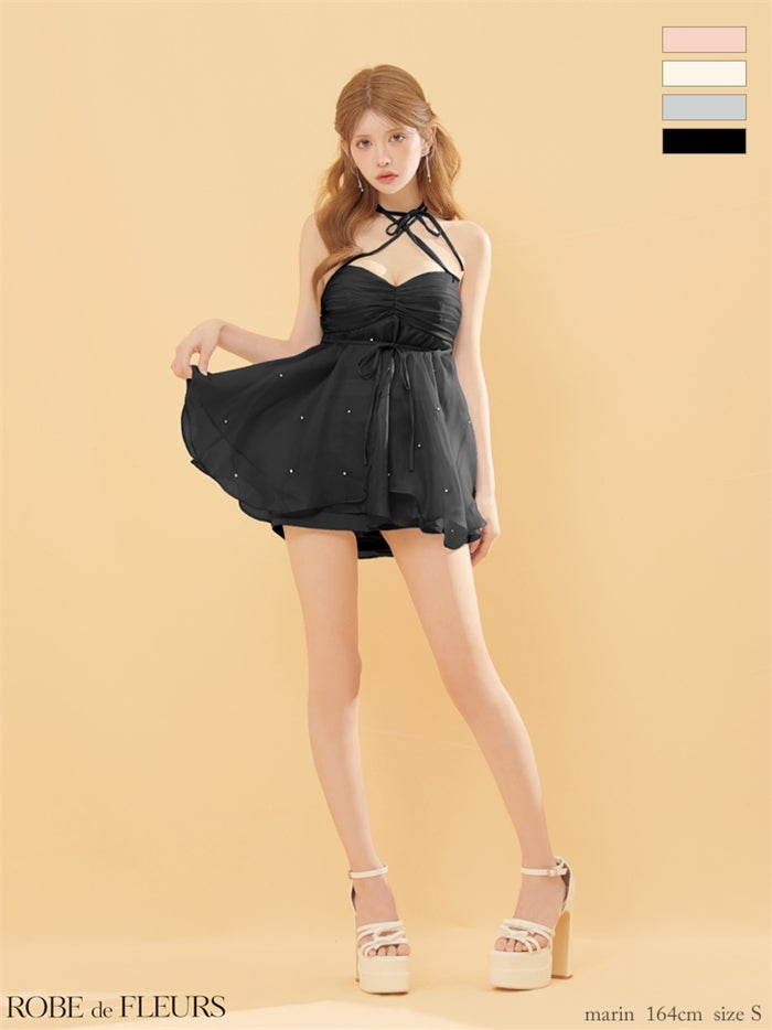 ROBE de FLEURS ローブドフルール 【XSサイズあり】 ビジューリボンシフォンセットアップミニキャバドレス fm4367-c