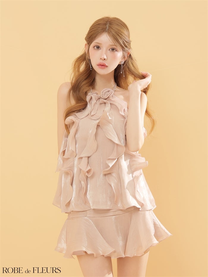 ROBE de FLEURS ローブドフルール 【XSサイズあり】 ローズモチーフホルターフレアセットアップミニキャバドレス fm4912-c