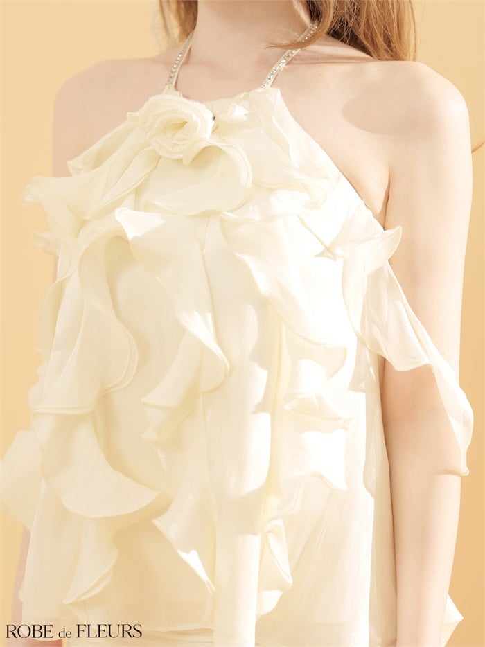ROBE de FLEURS ローブドフルール 【XSサイズあり】 ローズモチーフホルターフレアセットアップミニキャバドレス fm4912-c