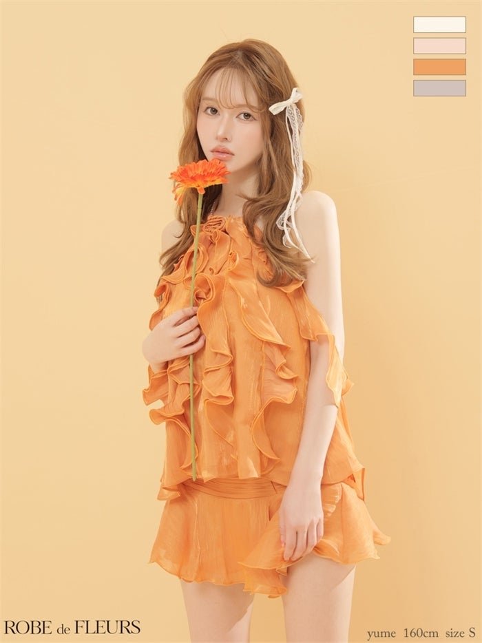 ROBE de FLEURS ローブドフルール 【XSサイズあり】 ローズモチーフホルターフレアセットアップミニキャバドレス fm4912