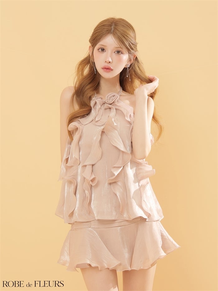 ROBE de FLEURS ローブドフルール 【XSサイズあり】 ローズモチーフホルターフレアセットアップミニキャバドレス fm4912