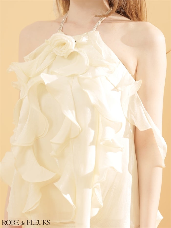 ROBE de FLEURS ローブドフルール 【XSサイズあり】 ローズモチーフホルターフレアセットアップミニキャバドレス fm4912