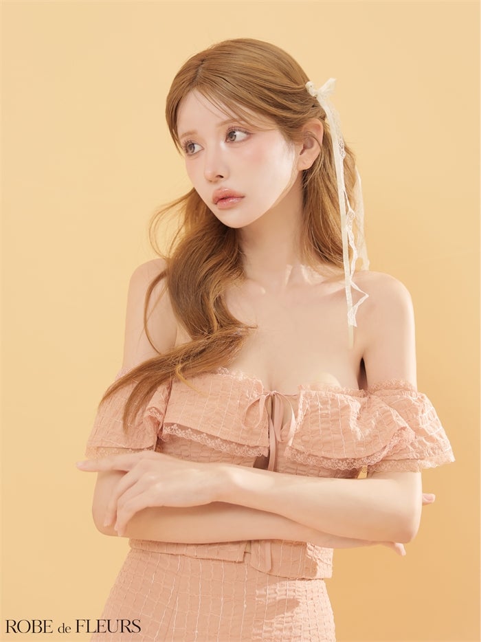 ROBE de FLEURS ローブドフルール 【XSサイズあり】 オフショルシフォンリボンセットアップミニキャバドレス fm5002